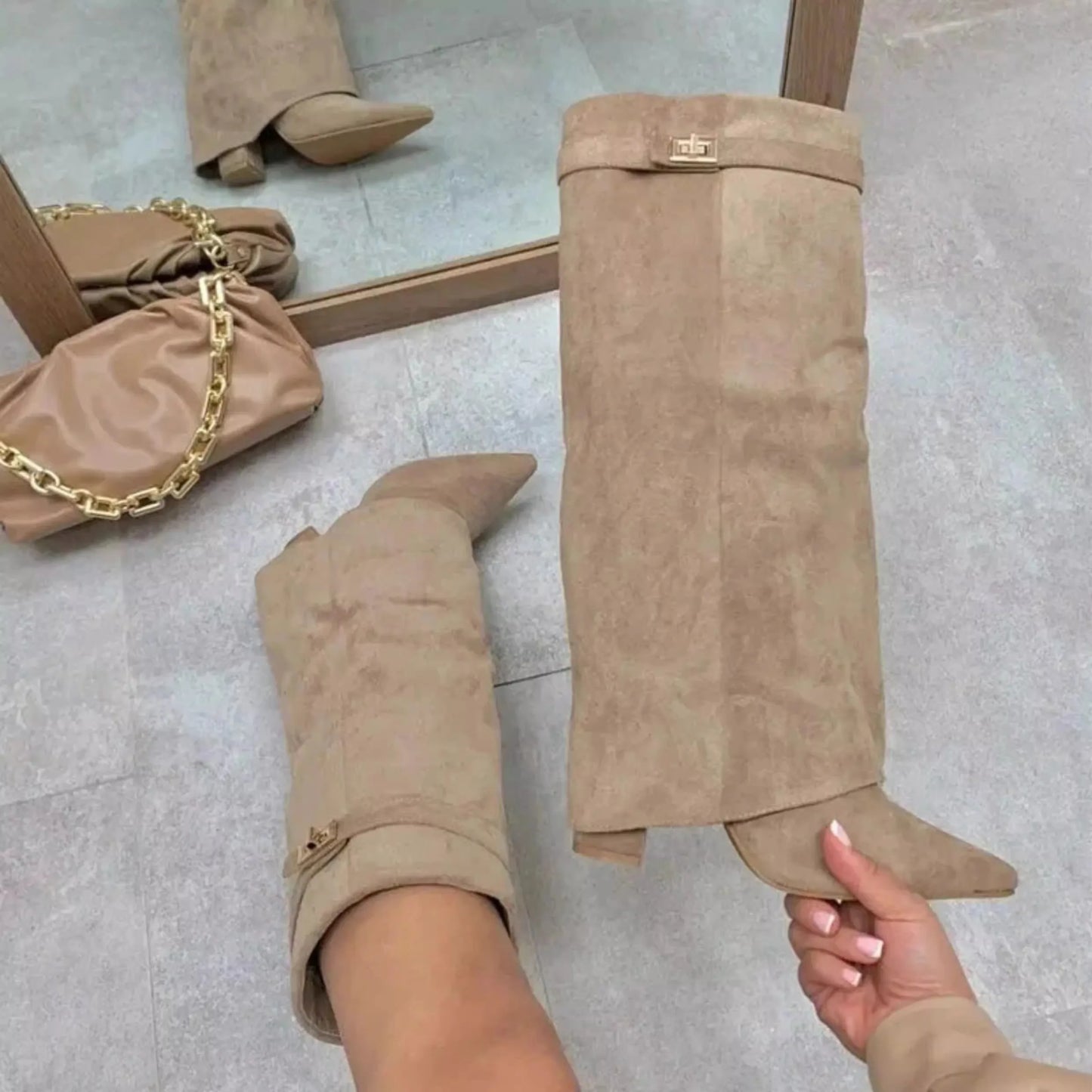 Pointed Toe Thick High Heel Mid Calf Boots for Women