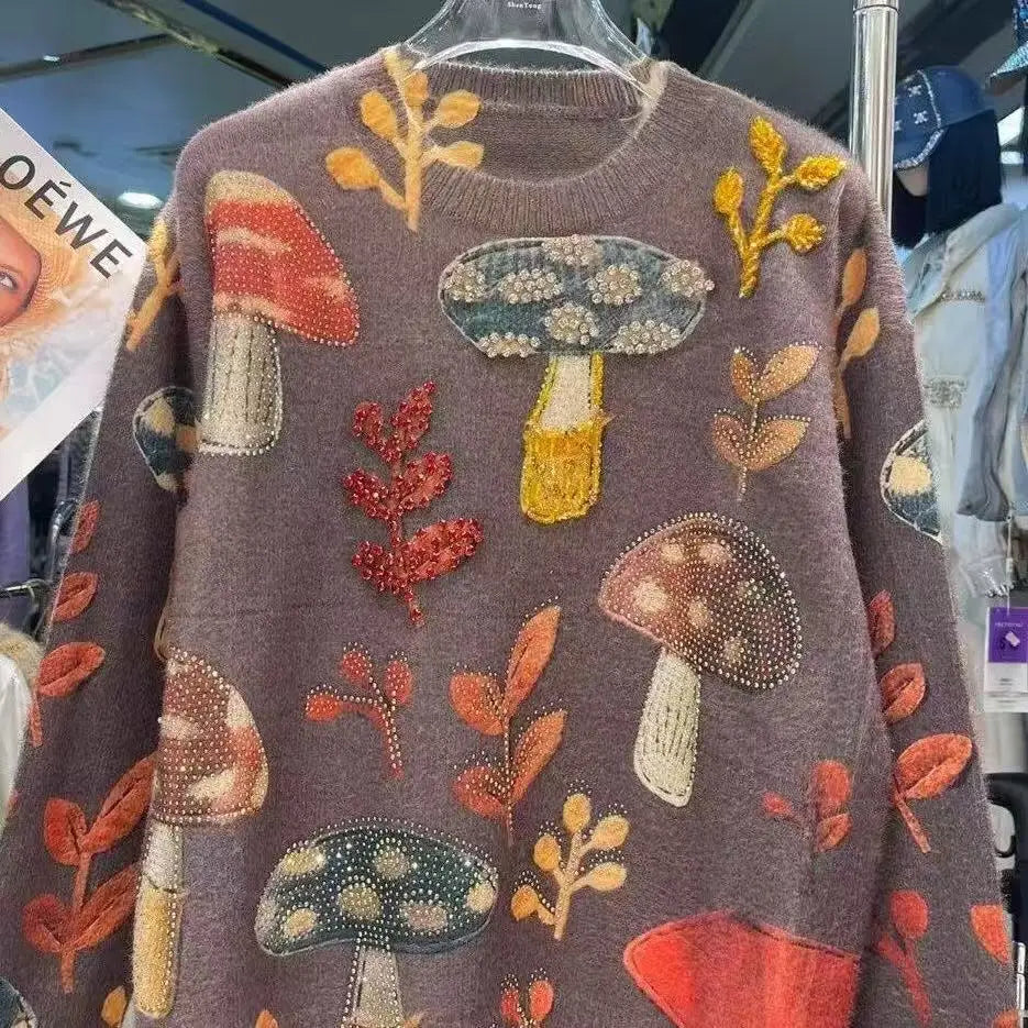 Autumn Winter 2025 Crystal Diamonds Stitch Thick Warm Sweater for Women's Trend Knit Top Outwears Knitwear Pullover pulls femme