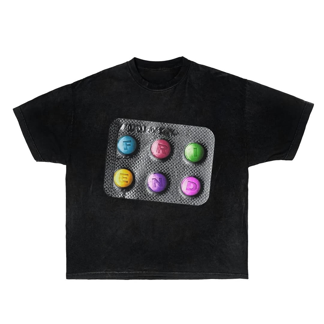 Harajuku Artwork Huge Inlay Patterned Lips Exquisitely Printed Street Sports T-shirt Men Loose Round Neck Versatile Summer Top