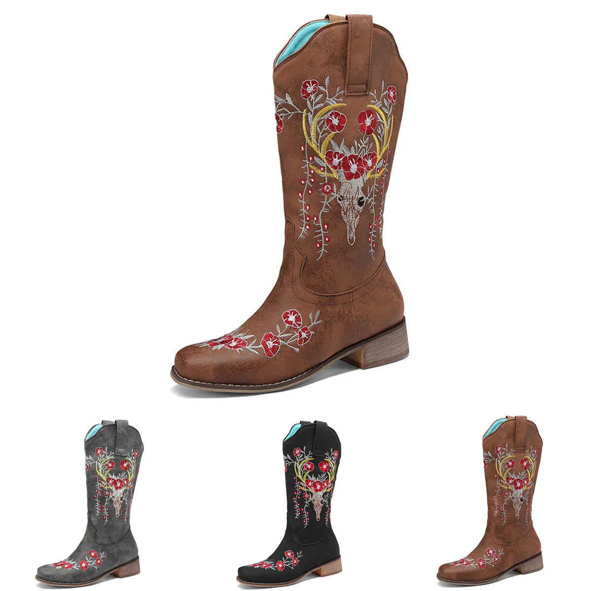 Floral Embroidered Mid-Calf Western Boots for Women
