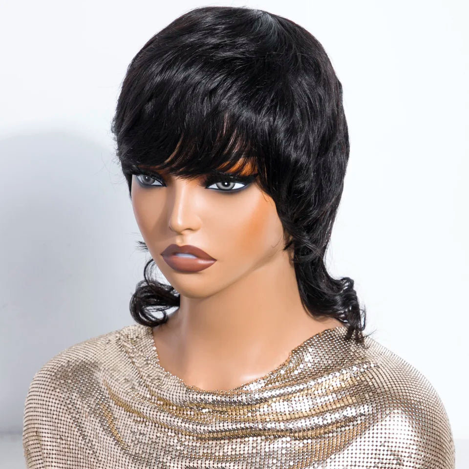 Short Mullet Pixie Cut Remy Human Hair Bob Wig for Women