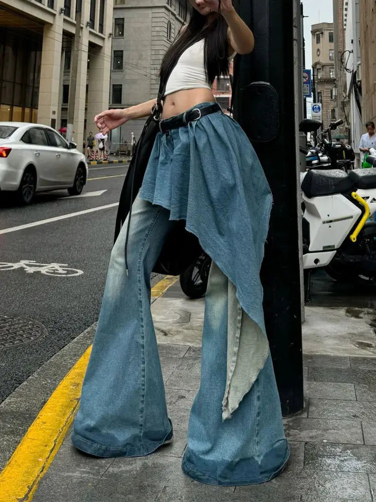 Y2K European and American Retro Washed Design Splicing Fake Two-piece Blue Jeans Women's Popular Loose Sexy Bell-bottom Pants