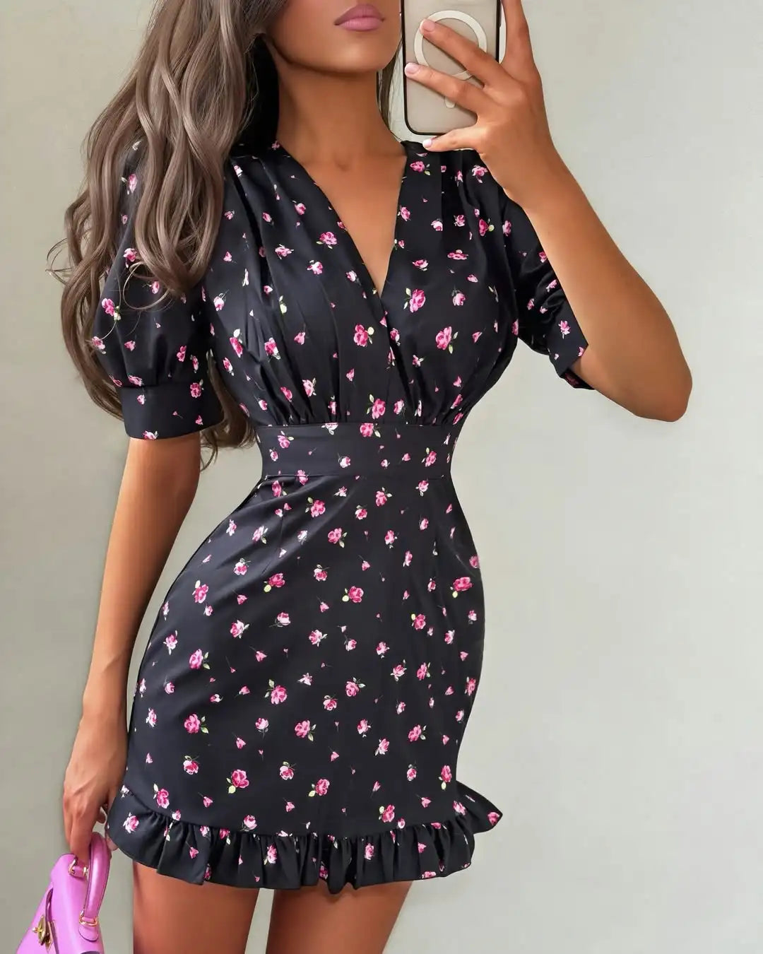 Floral Printed Lace Up Puff Sleeve Mini Dress for Women