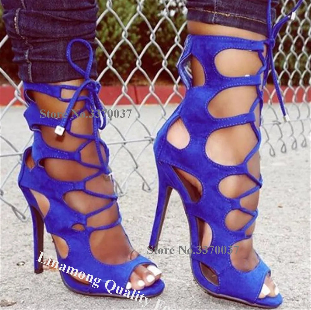 Western Style Blue Suede Gladiator Sandals for Women