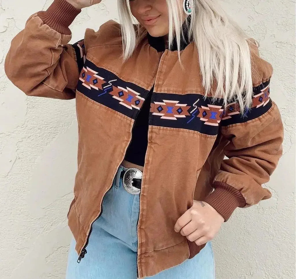Printed Zippered Stand Collar Lightweight Jacket for Women