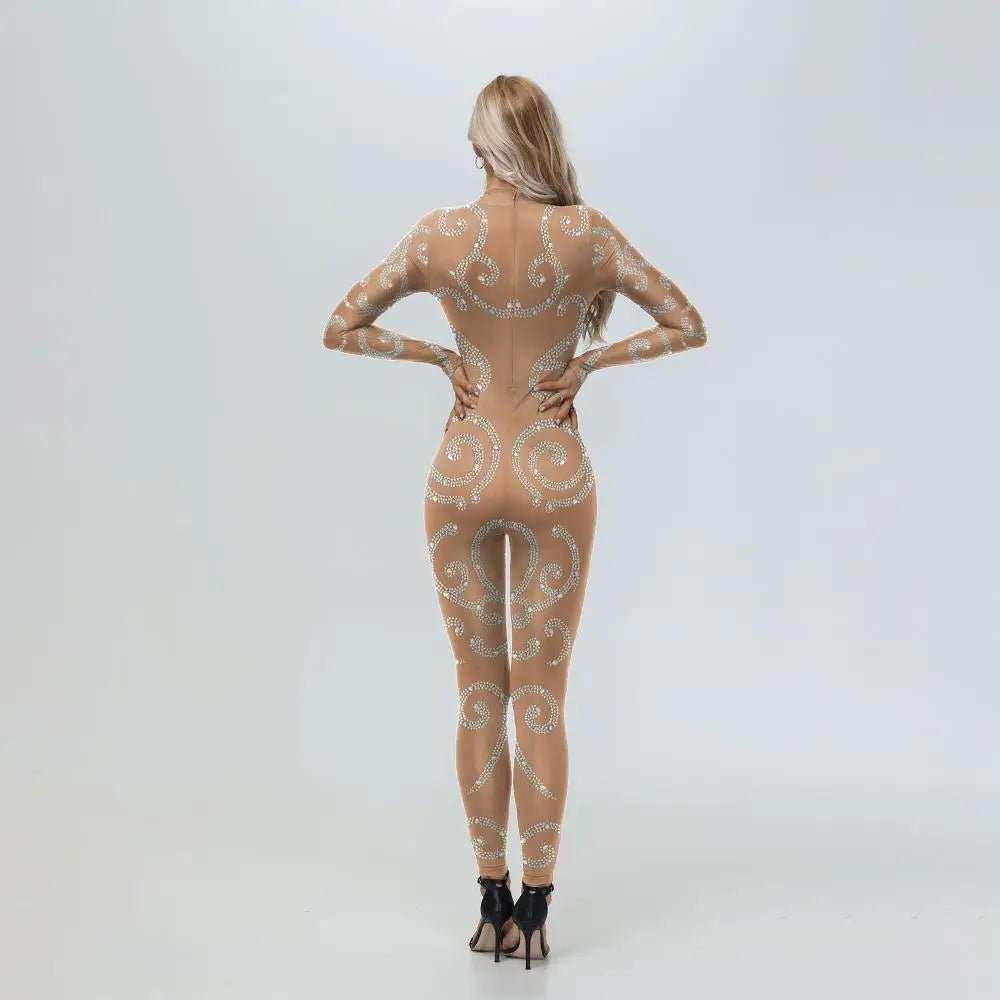 Elegant Skin Color Rhinestone Print Jumpsuit for Women