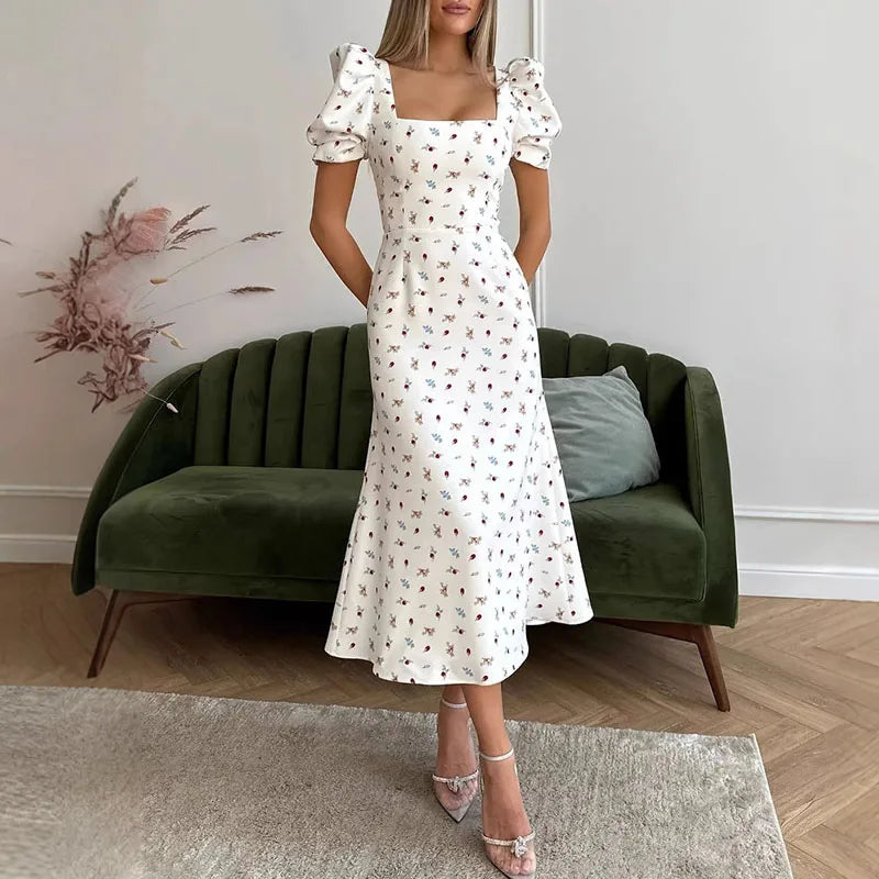 Elegant Fresh Slim Holiday Party Dress Casual Square Neck Puff Sleeve Long Dress Women Fashion Floral Print Waist Mermaid Dress