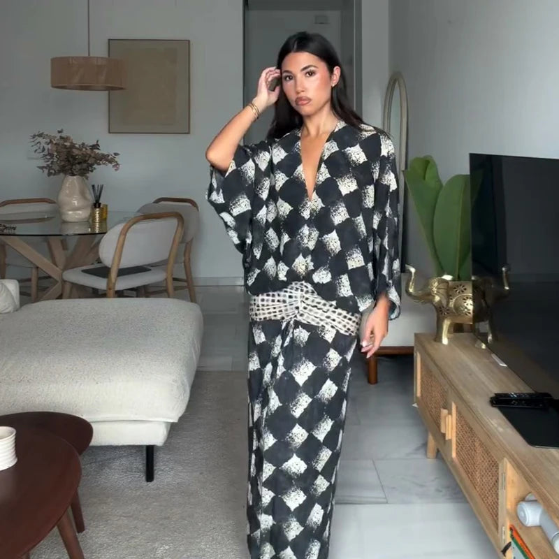 Casual Patchwork Print V Neck Maxi Dress for Women