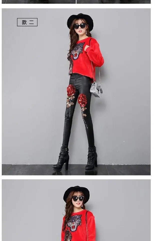 2025 Spring and Autumn Women's Leather Pants New Rose Sparkle Slim Fit Small Leg Pants Women's Bottom and Outer Wear