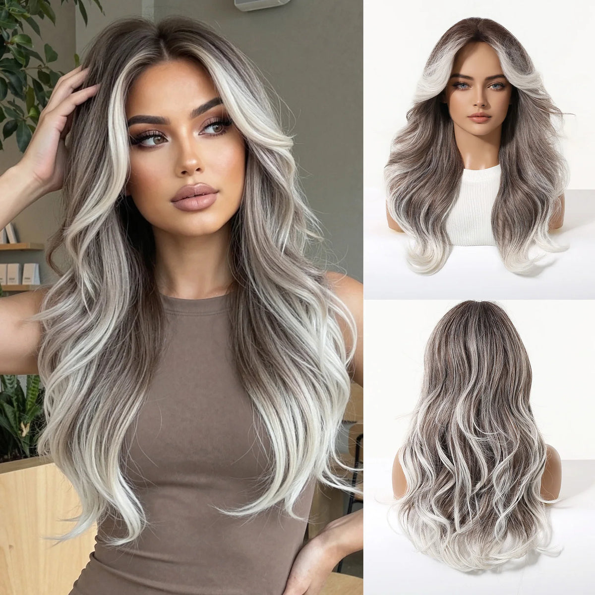 Long Wavy Grey And White Highlight Synthetic Wig for Women