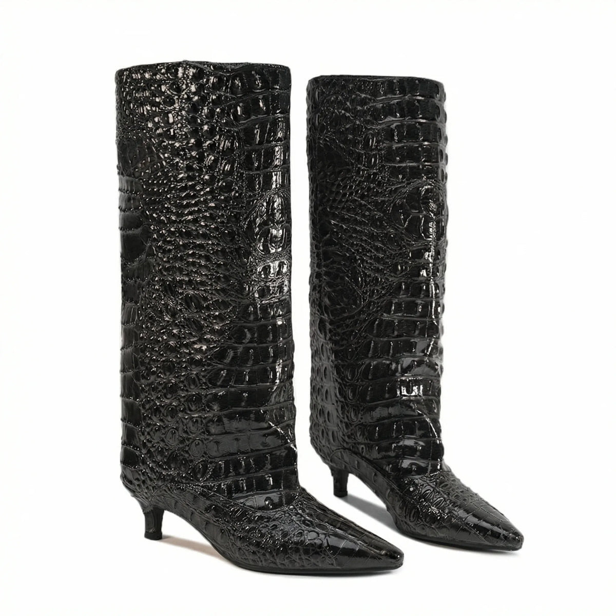 Crocodile Print Wide Shaft Kitten Heel Knee High Boots for Women
