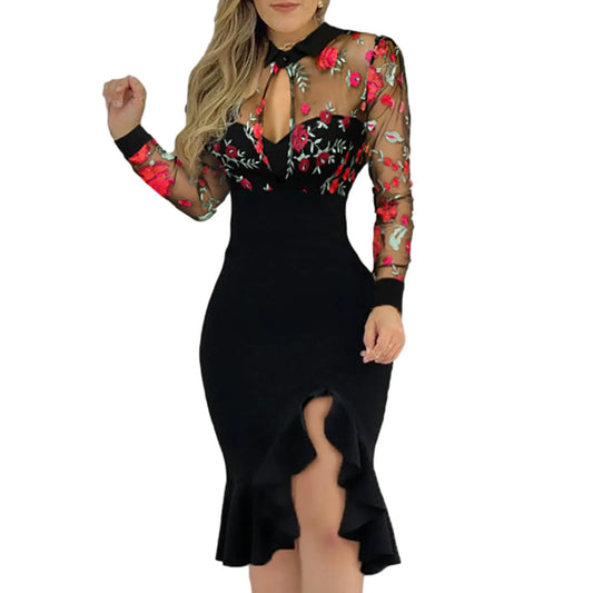 Women Sexy See-Through Mesh Dress Patchwork Ruffles Floral Dress Long Sleeve Party Slim Dress Elegent Daily Wear