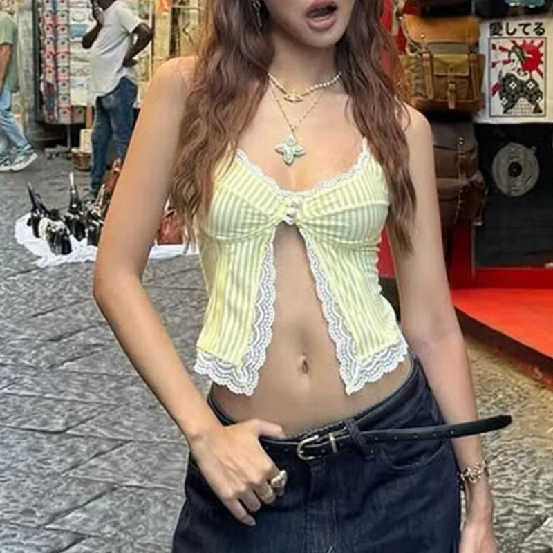 Striped Lace Trim V-Neck Slim Fit Camisole Top for Women