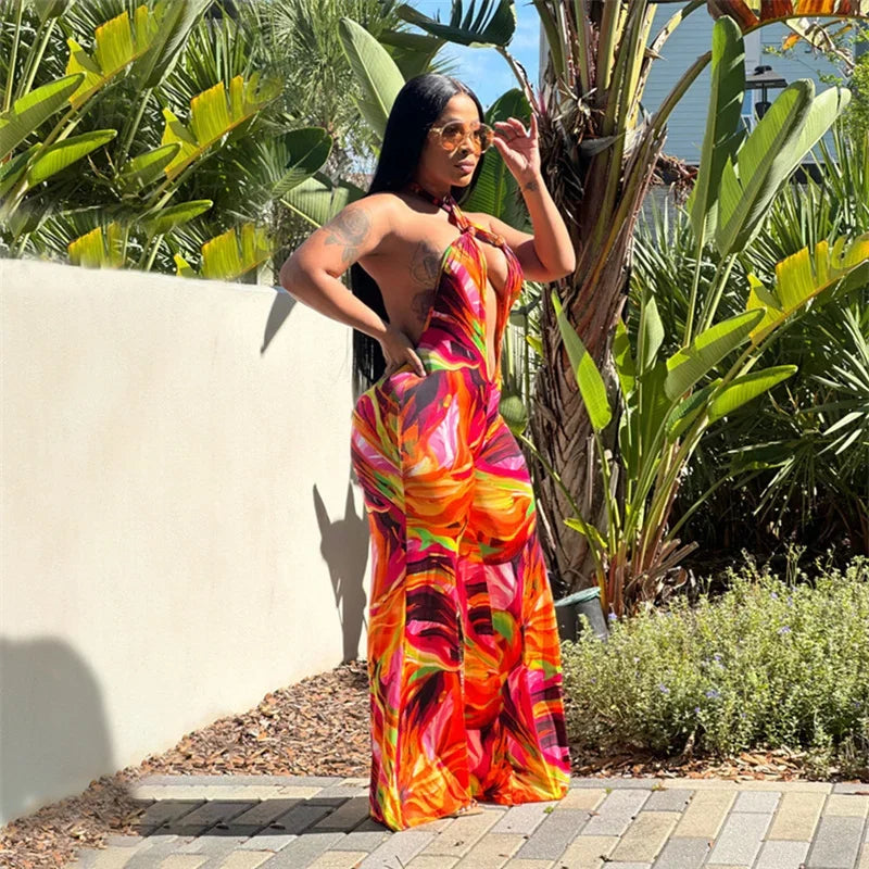 Bohemian Print Halter Neck Backless Wide Leg Jumpsuit for Women