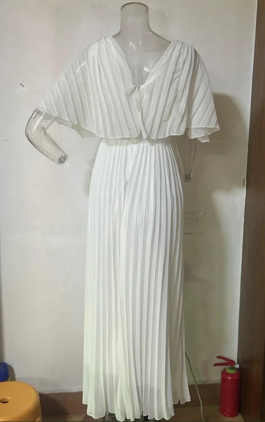 Solid Color V-Neck Bat-Sleeve High-Waisted Dress for Women