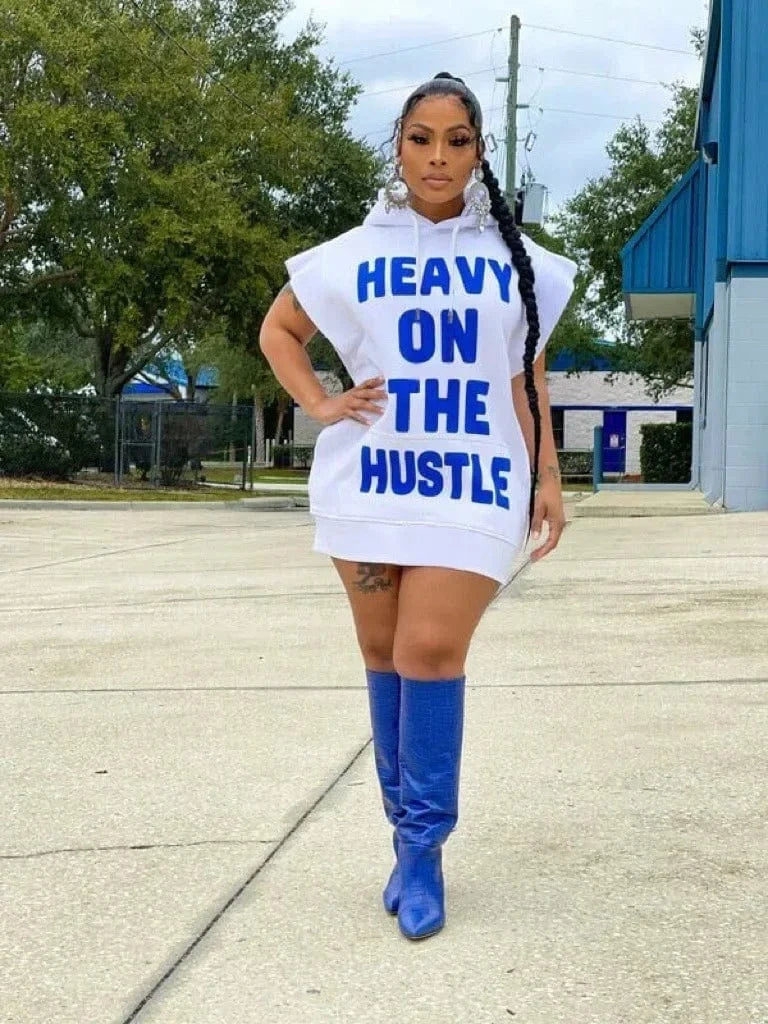 Women Streetwear Casual Letter Print Hooded Flare Short Sleeve Sweatshirt Style Dress 2024 New