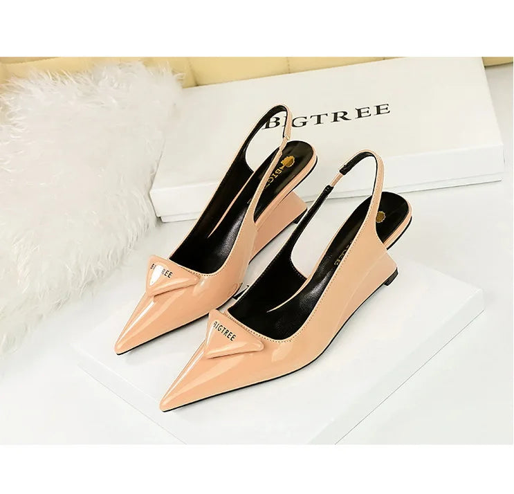 Patent Leather Wedge Heel Pumps With Back Strap for Women