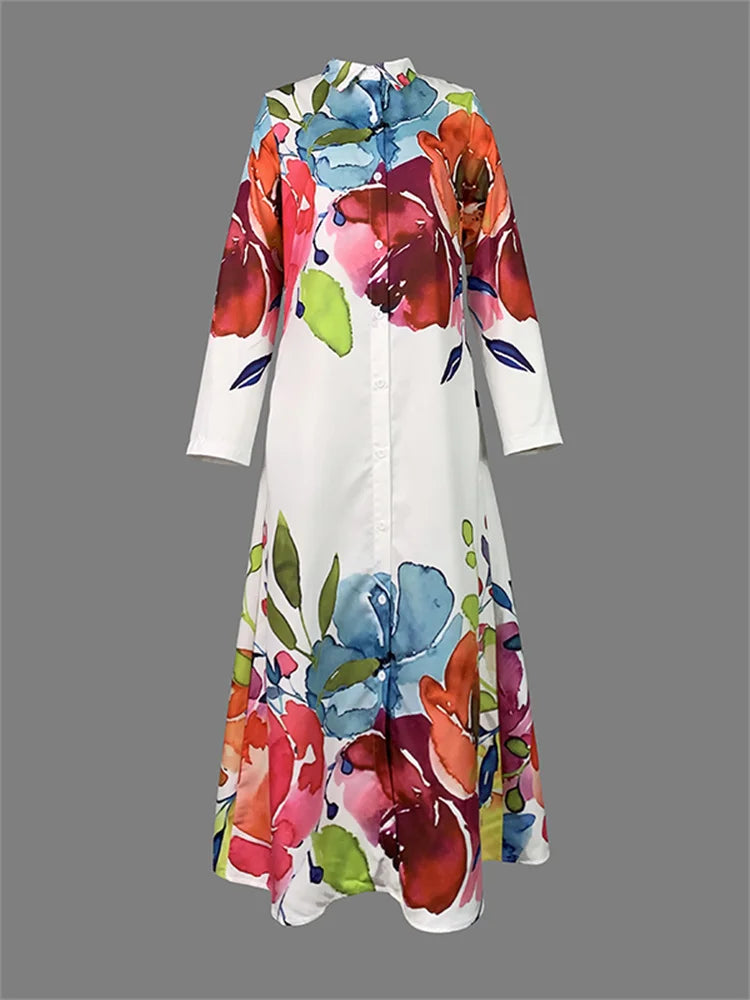 2026 New Spring Elegant Colorful Floral Printed Long Shirt Dress Women Long Sleeves Loose Casual Going Out Vacation Maxi Dresses