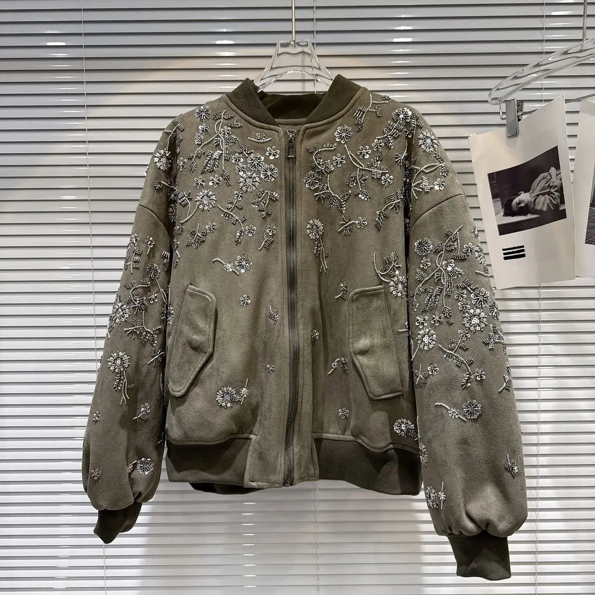 2026 Winter New Coat for Women,Retro Heavy Industry Nail Bead Suede Embroidery Loose Cotton Jacket