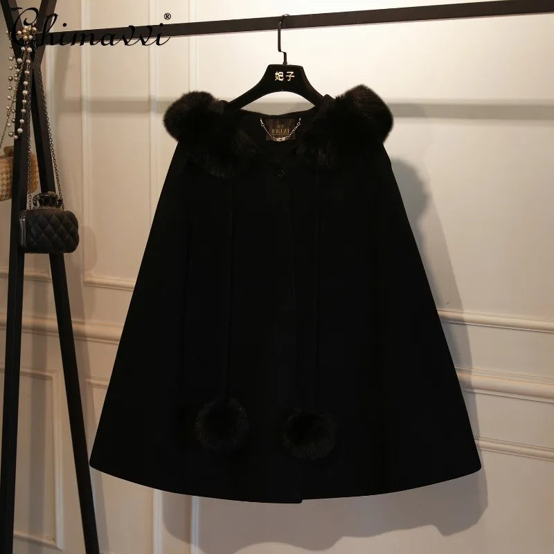 Heavy Elegant Cape Wool Coat for Women 2025 Autumn Winter New Korean Fashion Slimming Shawl Women's Woolen Coat
