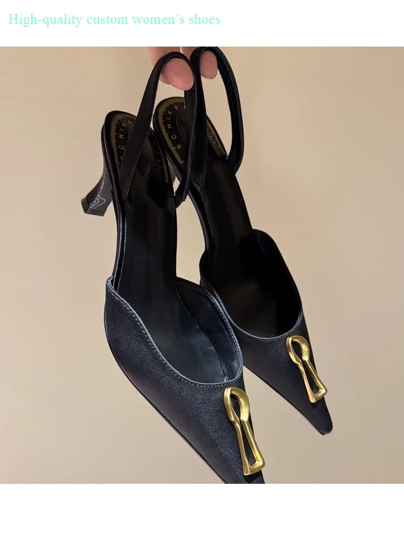 Black Leather Pointed Toe Stiletto Pumps With Buckle Strap For Women