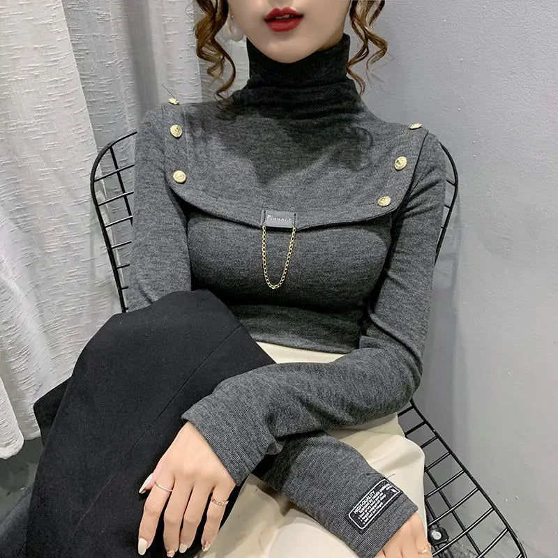 Elegant Button Detail Knit Turtleneck Sweater For Women