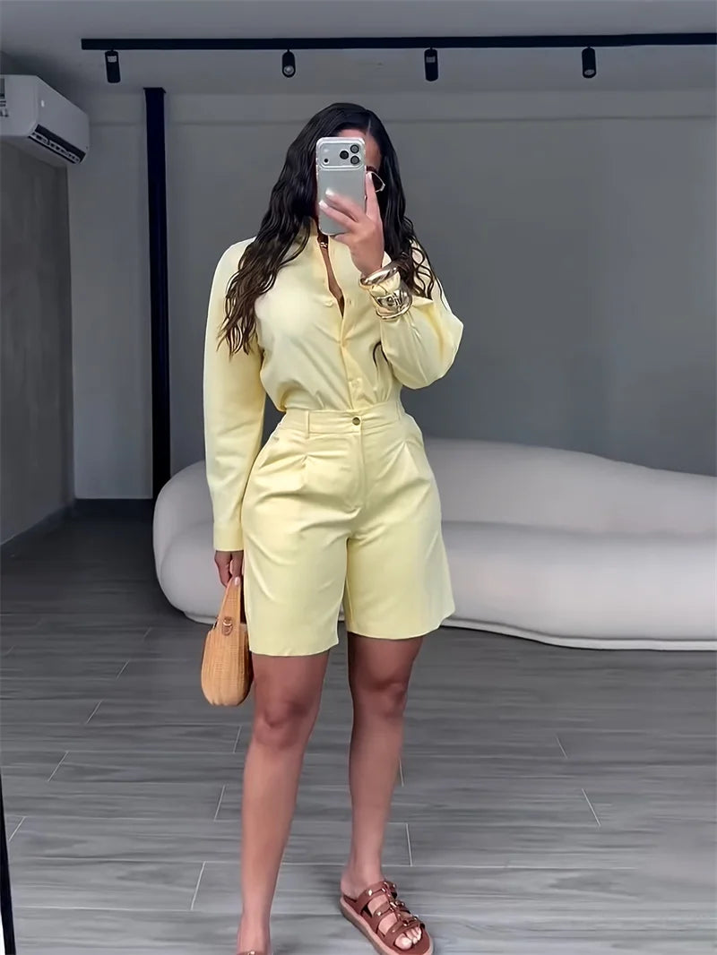 Solid Elegant Casual Long Sleeve Top and Shorts Two Piece Set for Women