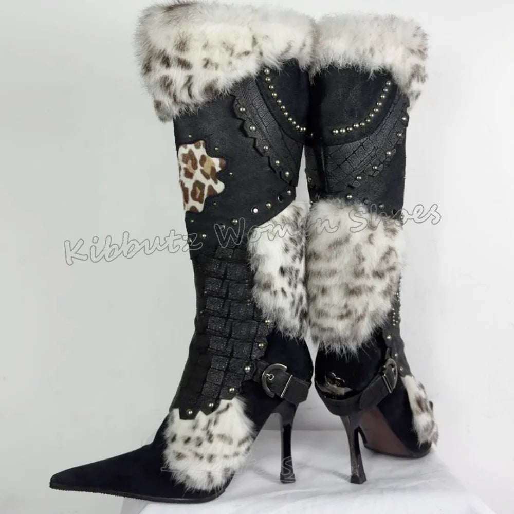Knee High Boot Furry Patchwork Leather Belt Buckle Winter Warm Fashion Novelty Sexy Elegant Concise Pointy Thin Heels Shoes New