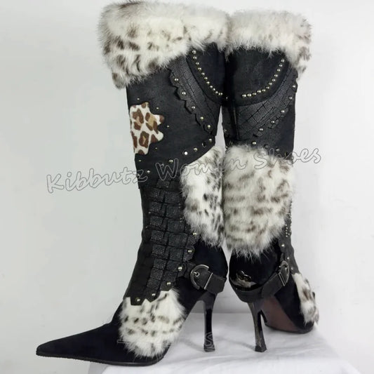 Knee High Boot Furry Patchwork Leather Belt Buckle Winter Warm Fashion Novelty Sexy Elegant Concise Pointy Thin Heels Shoes New