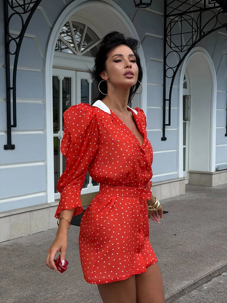 Elegant Polka Dot V Neck Puff Sleeve Mini Dress for Women