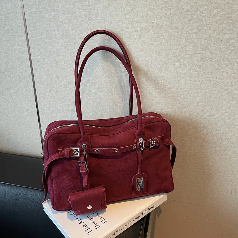 Retro Suede Square Handbag Fashion Versatile High-quality Texture Underarm Bag Exquisite Hardware Design Work Commute Tote Bag