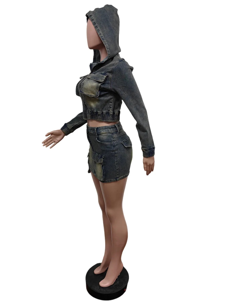 Retro Denim Patchwork Cargo Two Piece Set for Women