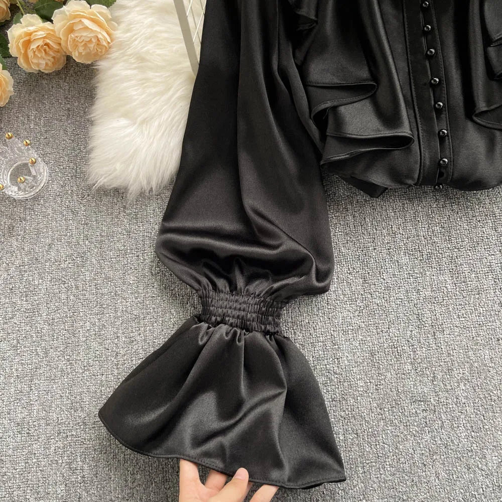 Elegant Satin Ruffle Long Sleeve Blouse for Women