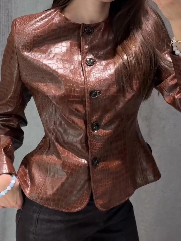Slim Fit Single Breasted Faux Leather Jacket for Women
