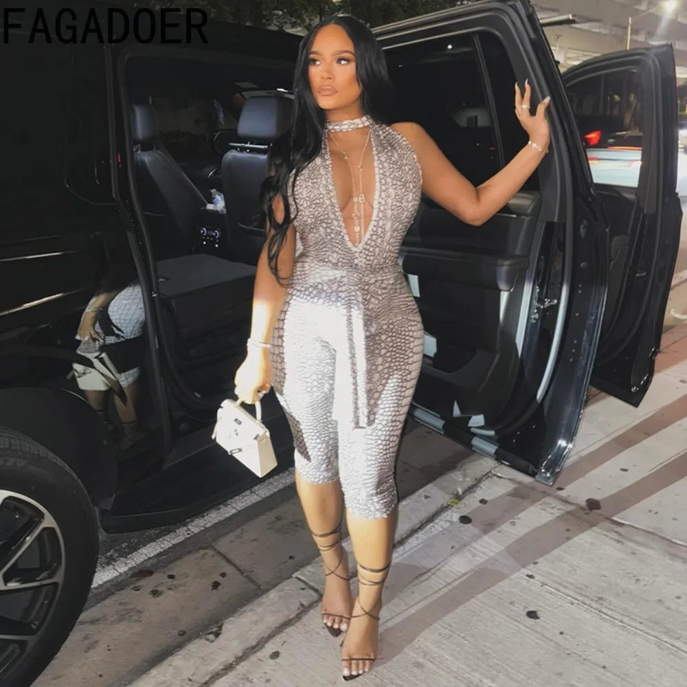 Sexy Halter Backless Patchwork Python Print Bodycon Jumpsuit for Women