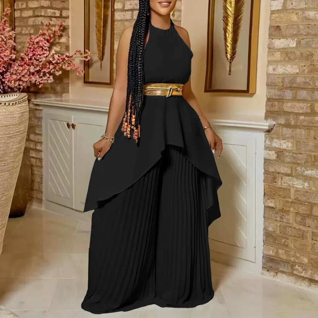 2 Pieces Pants Sets Womens Outfits Blouse Extra Long Sleeveless Backless Belt Waisted & Wide Leg Pants Pleated Floor Length Sets