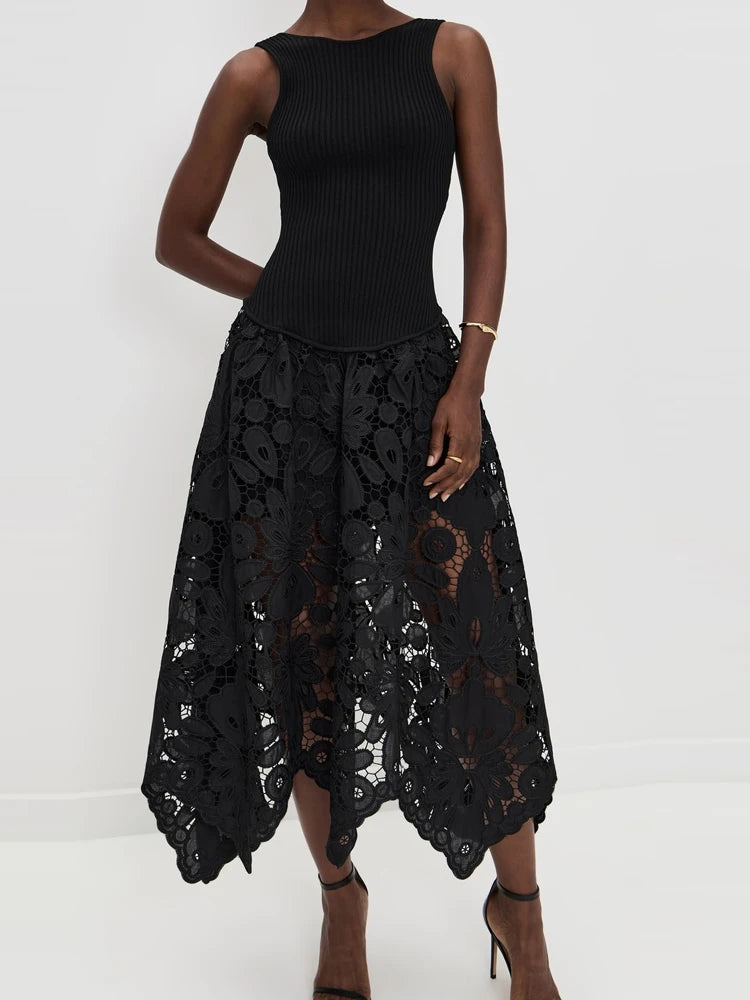 Black Patchwork O-Neck Sleeveless Party Dress for Women