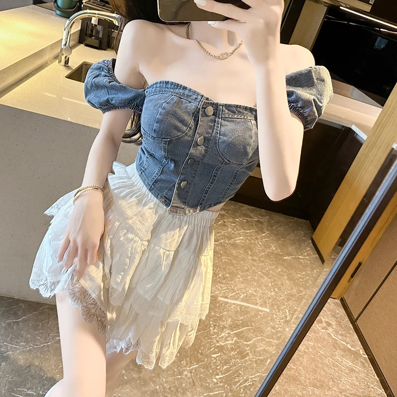 Slim Fit Off Shoulder Denim Shirt