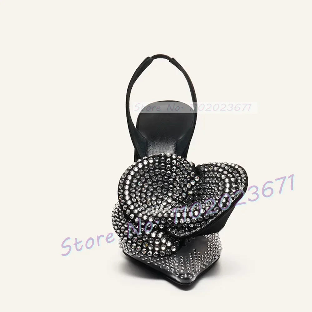 Pointy Rhinestone Flower Pvc Sandals Women Slingback Transparent High Heels Sandals Summer Runway Female Luxury Party Shoes