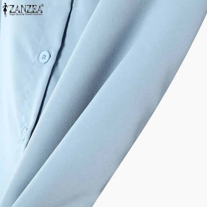 ZANZEA Women Vintage Pintuck Shirts Casual Turn-Down Collar Half Puff Sleeve Button Up Chemises Femme Street Fashion Solid Tops