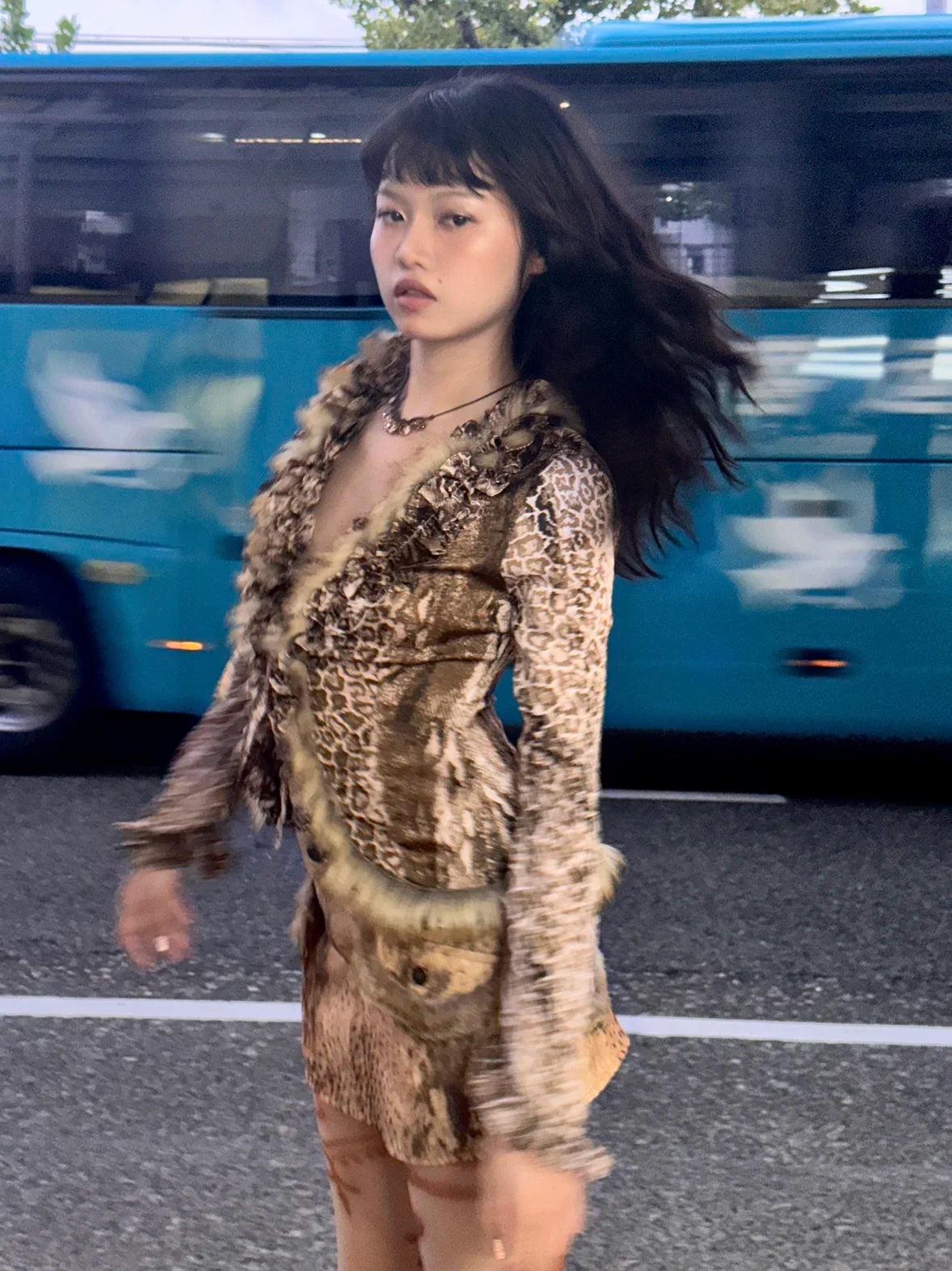 Karrram Japanese Y2k Leopard Print Shirt Vintage Harajuku Fur Shirt Grunge Aesthetics V-neck Irregular Blouses American Retro