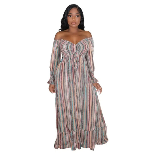 Women Striped Print Drawstring Full Sleeve Slash Neck Pleated Long Dress Fall Beach Party Prom Evening Dresses Vestidos