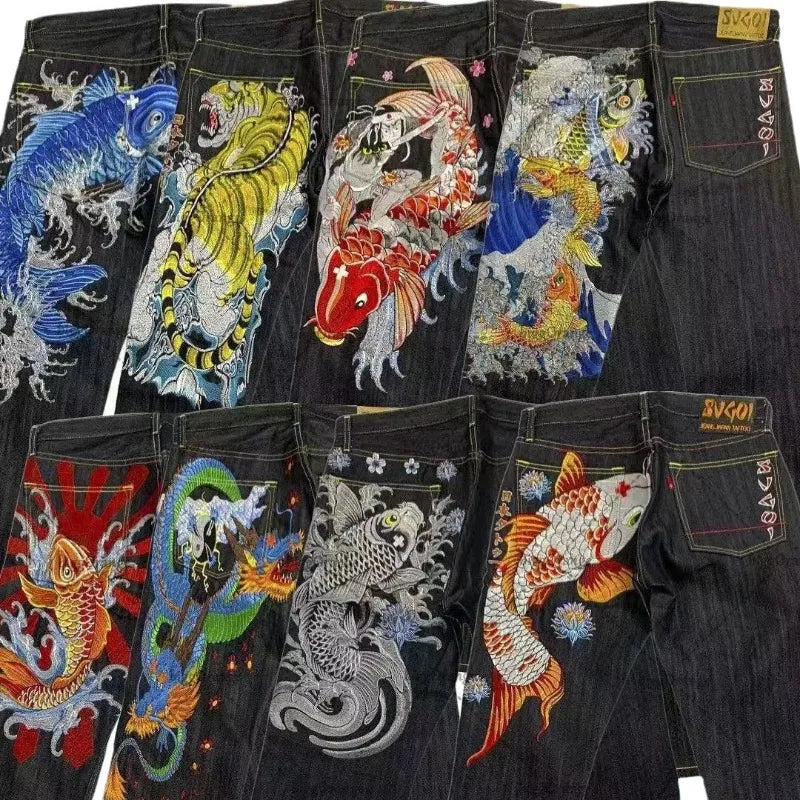 Japanese hip-hop Brocade carp printed jeans same style couple washed high waist retro casual loose ins straight wide leg pants