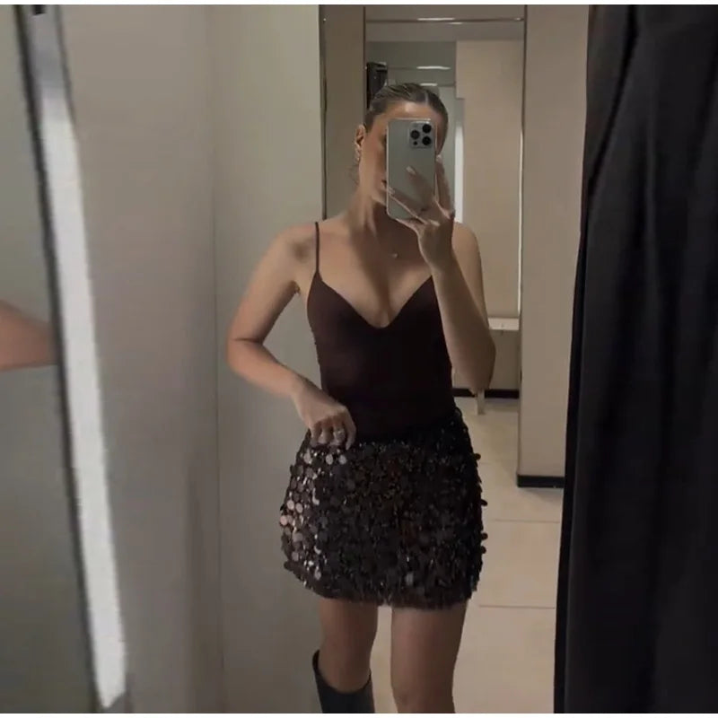Sequined Paillette High Waist A Line Mini Skirt for Women