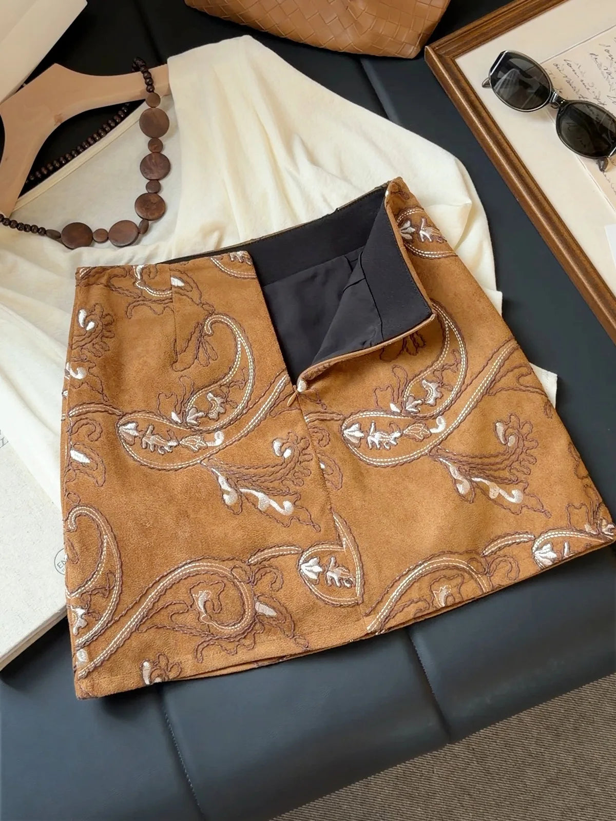Embroidered Suede A-Line Mini Skirt