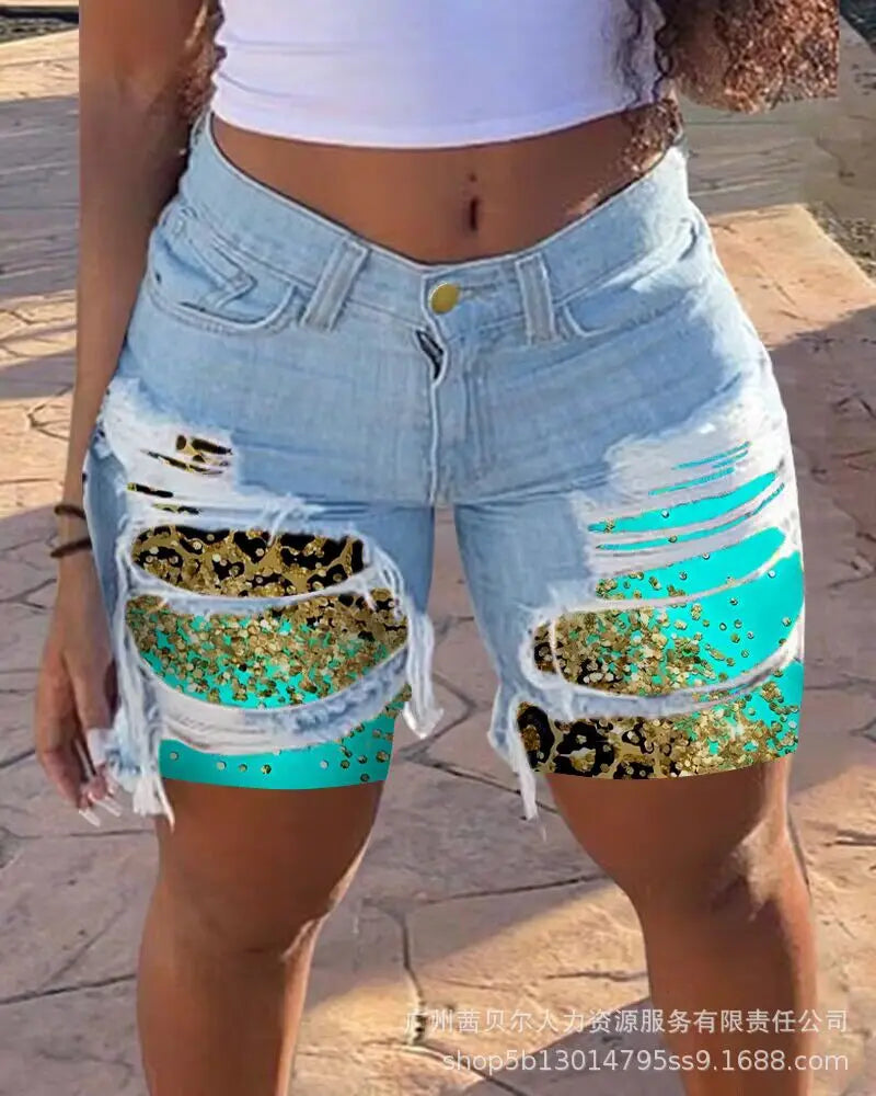 Casual Slim Knee Length Patchwork Denim Shorts for Women