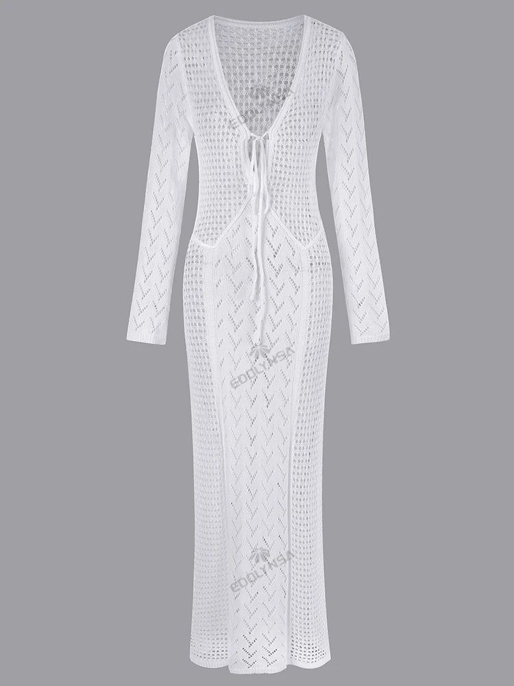 Women Sexy White Knit Swimsuit Cover Up Deep V-neck Tie Hollow Out Long Sleeve Beach Maxi Dress 2025 Summer Holiday Outfit K186