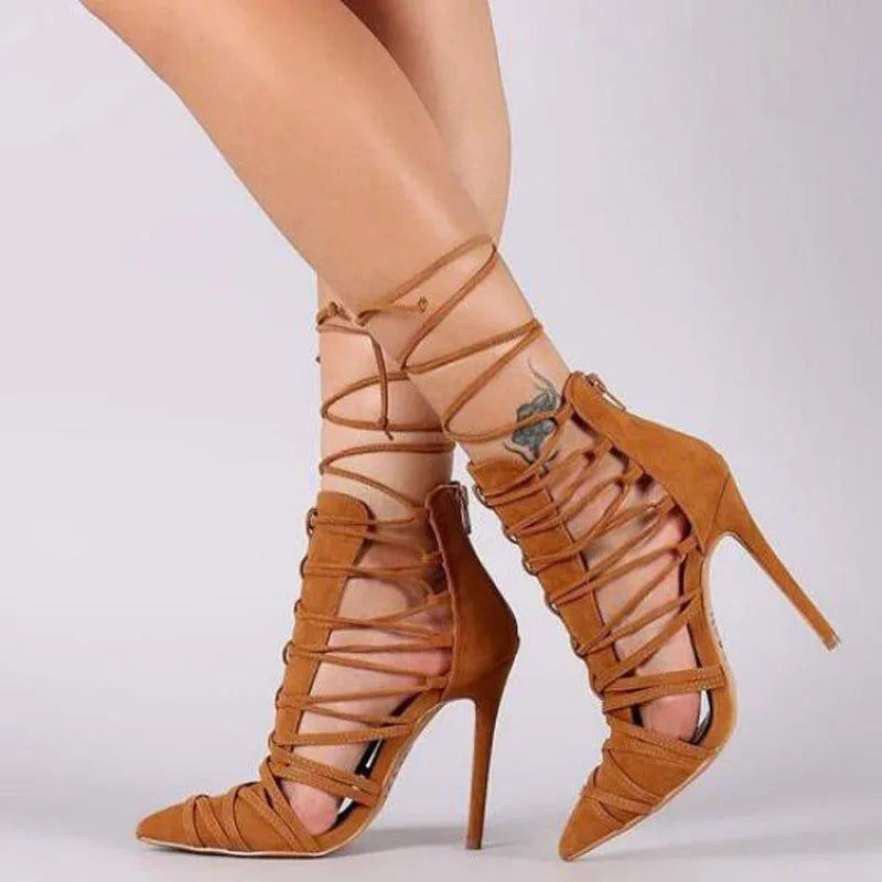 Brown Black Suede Cross Tied Pointed Toe Lace Up Ankle Boots for Women