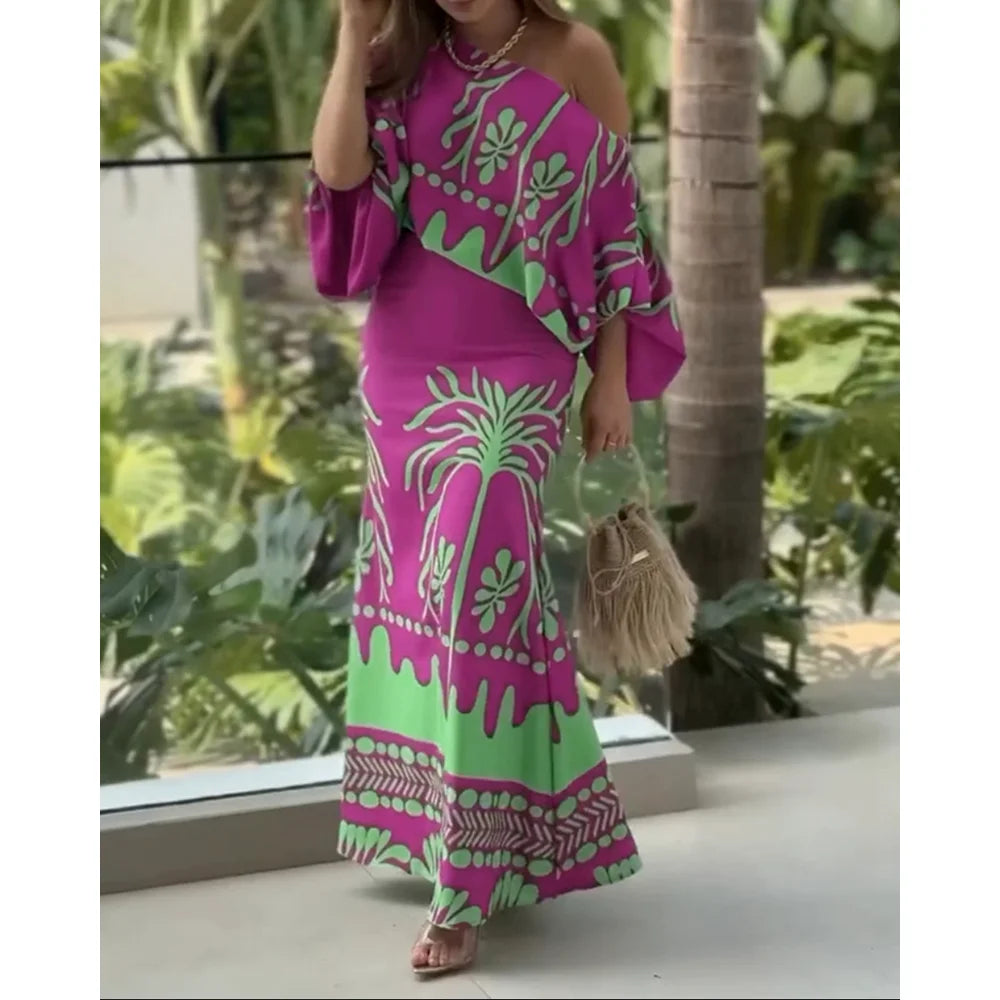 Women's 2 Pieces Outfit Tropical Print Lantern Sleeve Cold Shoulder Loose Top and Casual High Waist Fishtail Maxi Skirt Set