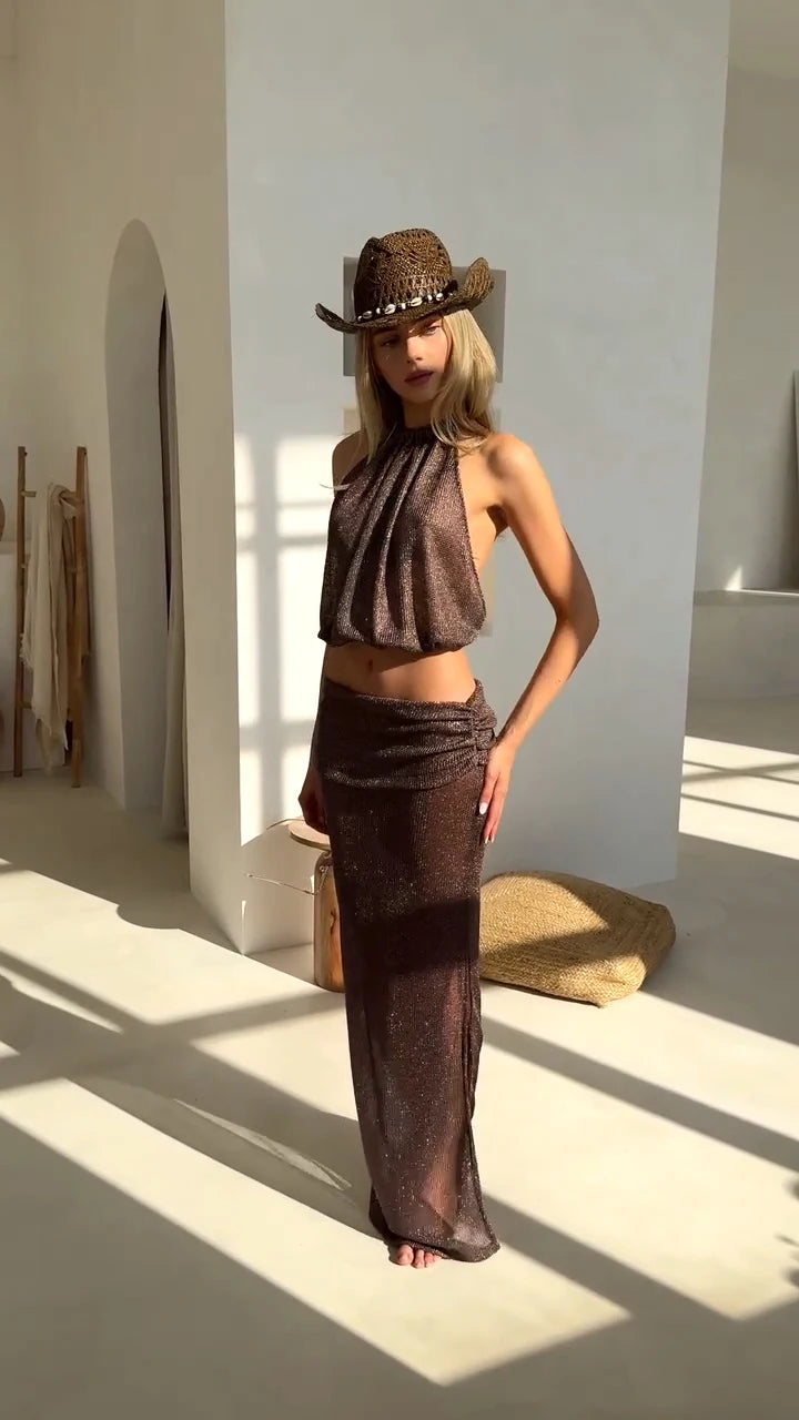 Sexy Knit Sets See-through Backless Lace-up Top Beach Half Skirt Two-piece Swimsuit Cover Up 2025 Summer Women Party Outfit K167